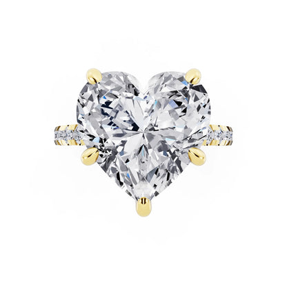 18 KT Yellow Gold Heart Cut Diamond Hidden Halo Tiger Prong Pave Band Ring - top angle