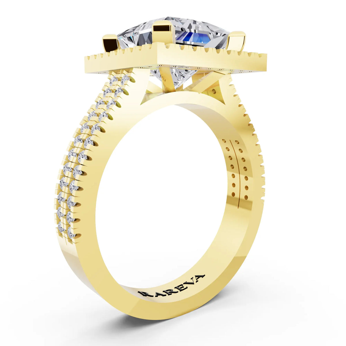 18 KT Yellow Gold Princess Cut Diamond Halo Ring with Twin Pave Band - top view