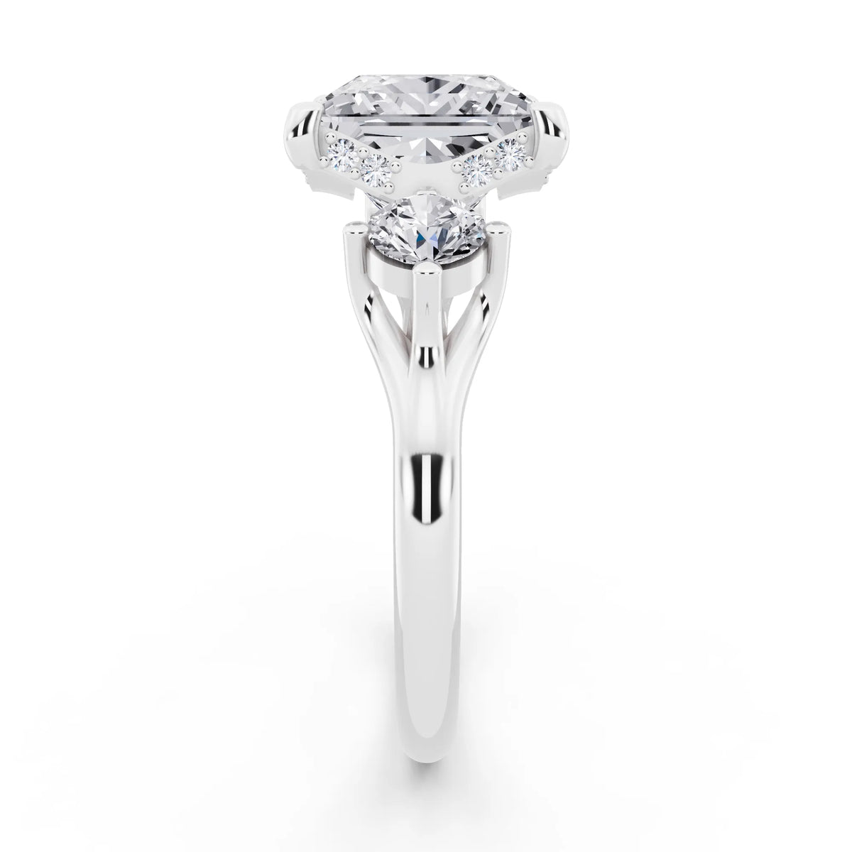 18 KT White Gold Princess Cut Diamond Three Stone Engagement Ring with Hidden Halo - side view