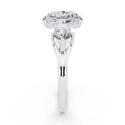 18 KT White Gold Princess Cut Diamond Three Stone Engagement Ring with Hidden Halo - side view