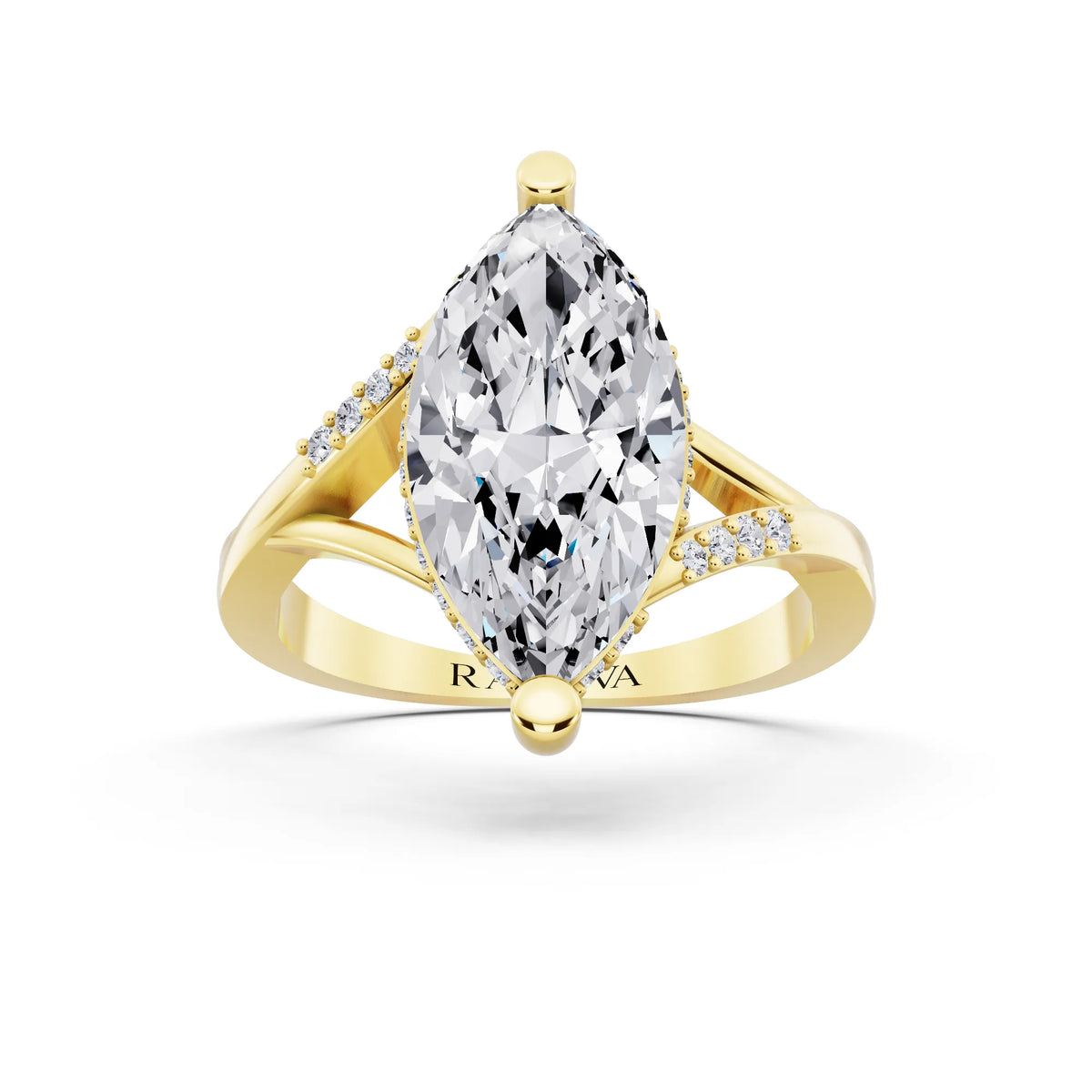 14 KT Yellow Gold Marquise Cut Diamond Split Shank Engagement Ring with Hidden Halo - front view