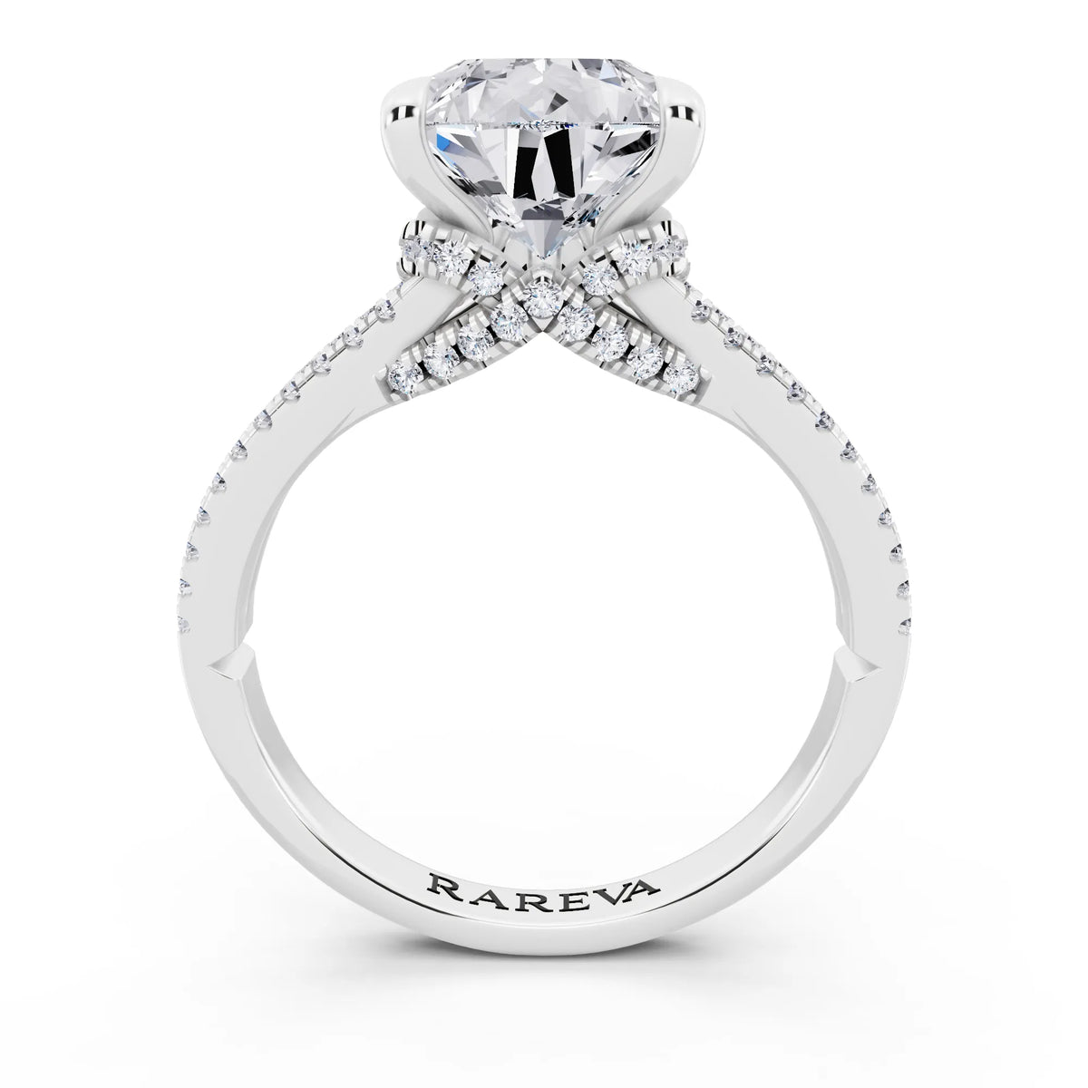14 KT White Gold Pear Cut Diamond Ring with Pavé Split Shank - through finger