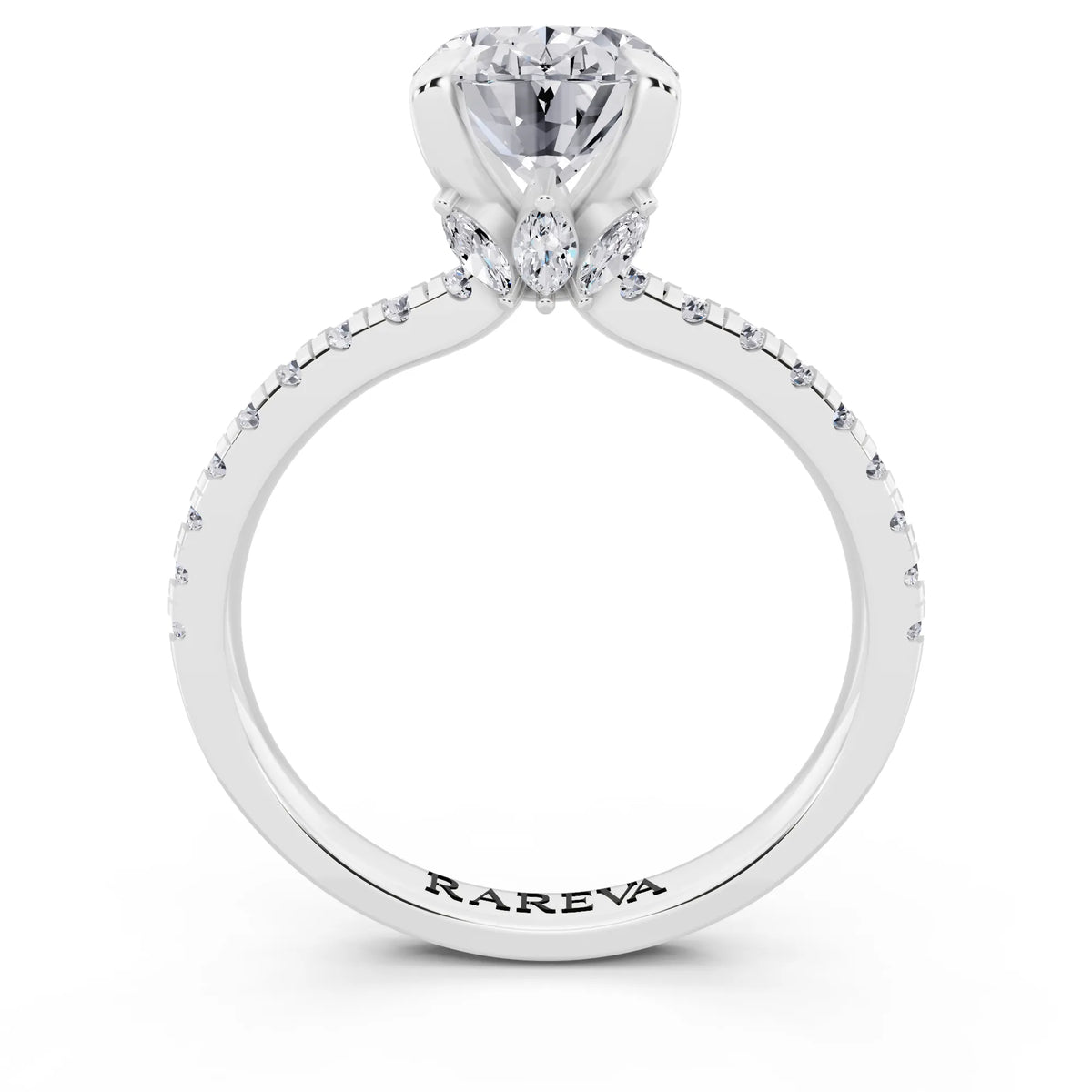 18 KT White Gold Oval Cut Diamond Solitaire Ring with Marquise Collar - through finger