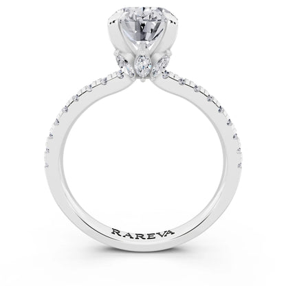 18 KT White Gold Oval Cut Diamond Solitaire Ring with Marquise Collar - through finger