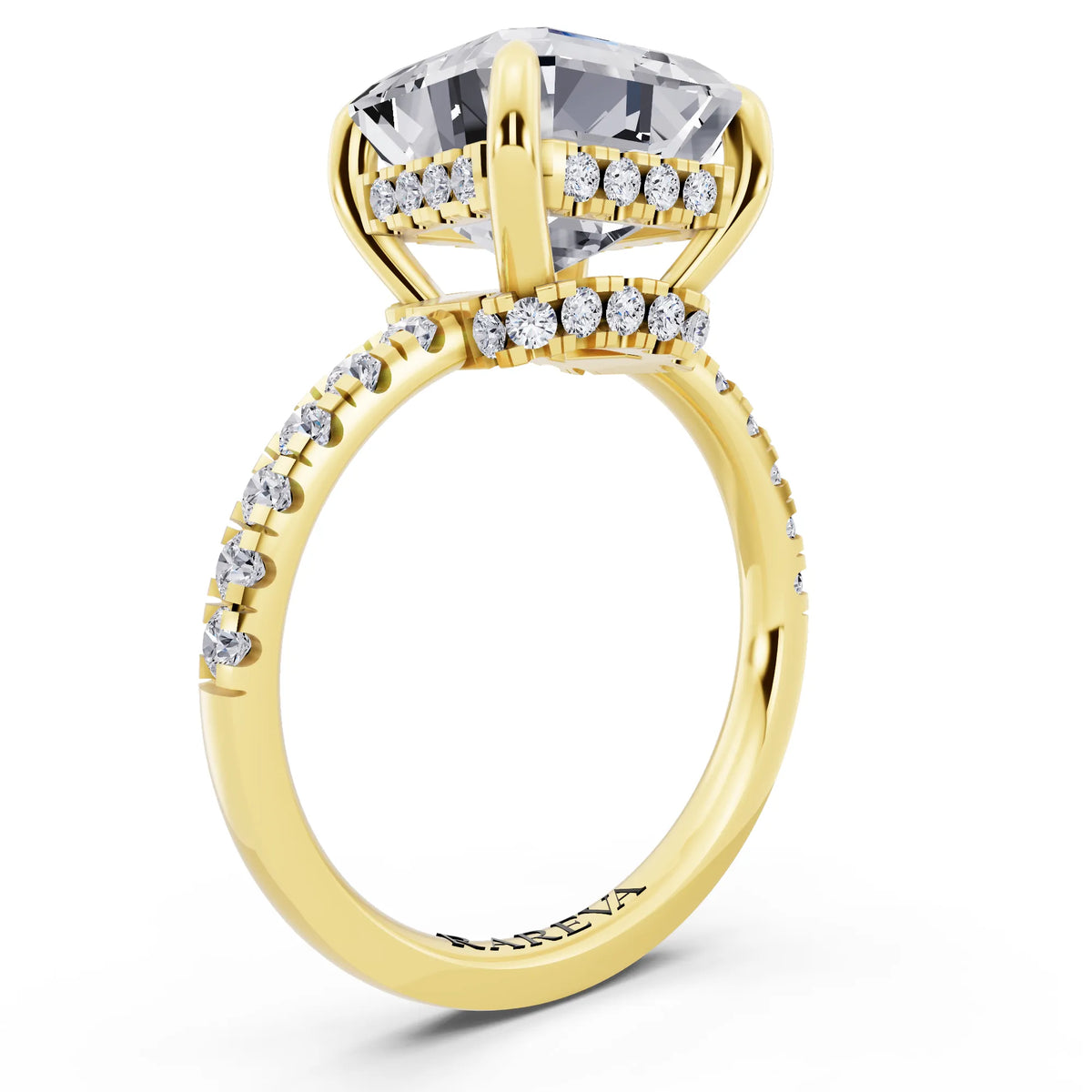 18 KT Yellow Gold Asscher Cut Diamond Hidden Halo Tiger Prong Pave Band Ring - top view
