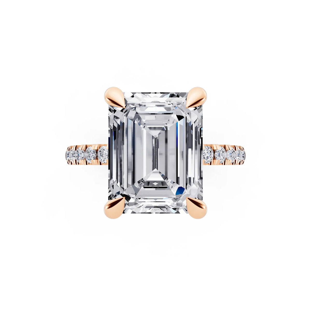 14 KT Rose Gold Emerald Cut Diamond Solitaire Ring with Round Pavé Band and Prong Setting - top angle