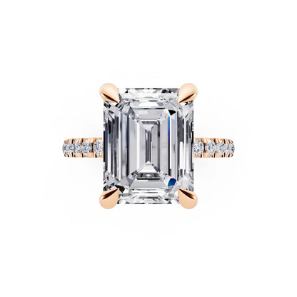 14 KT Rose Gold Emerald Cut Diamond Solitaire Ring with Round Pavé Band and Prong Setting - top angle