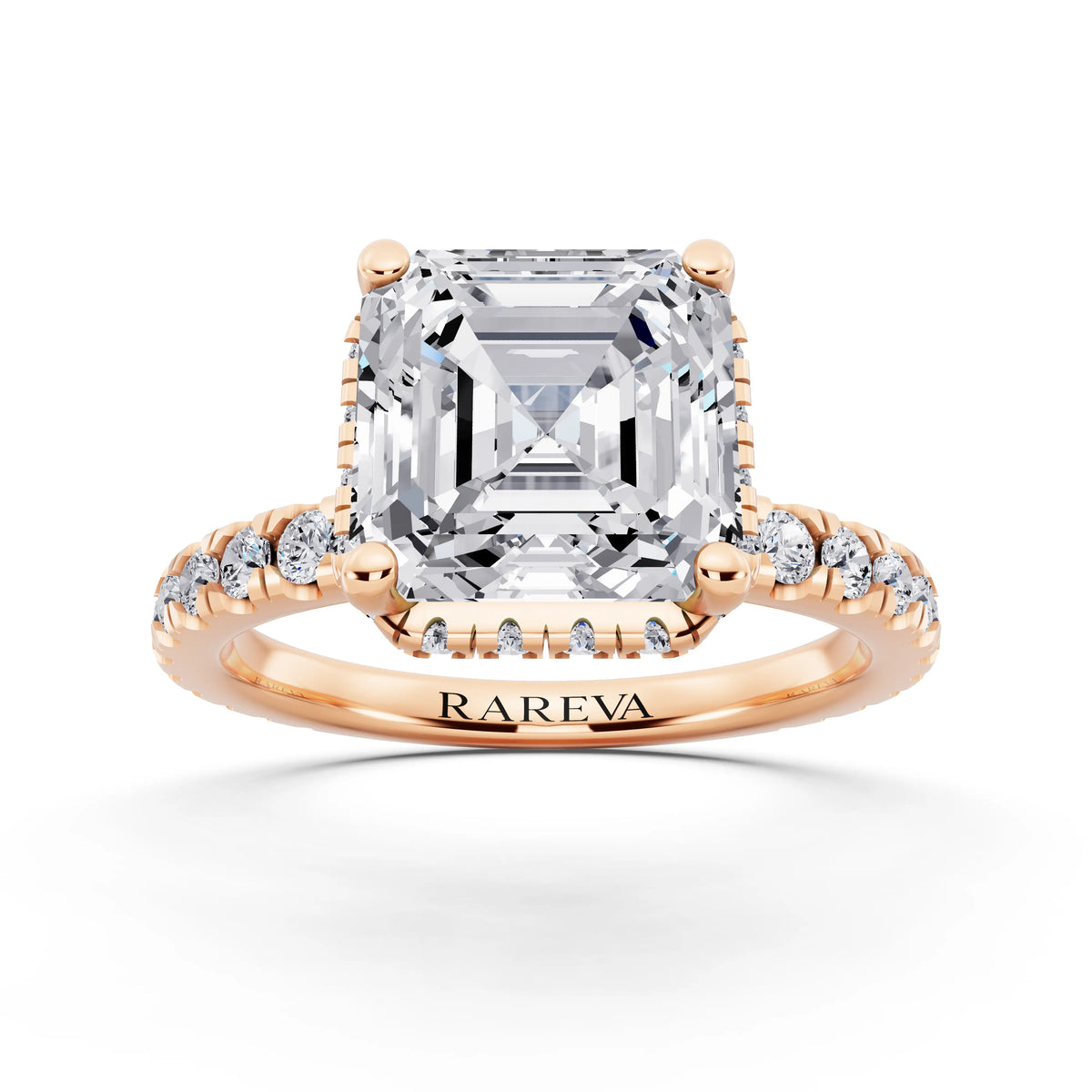 18 KT Rose Gold Asscher Cut Diamond Hidden Halo Ring with Pave Band - front view