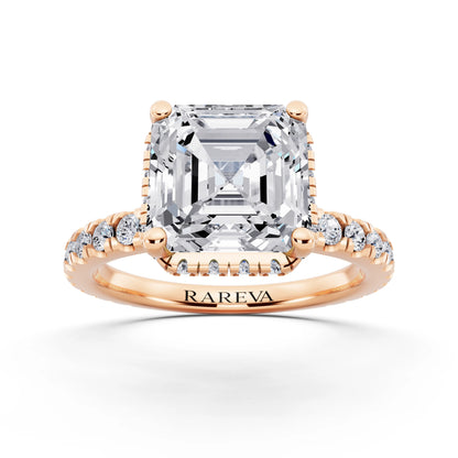 18 KT Rose Gold Asscher Cut Diamond Hidden Halo Ring with Pave Band - front view