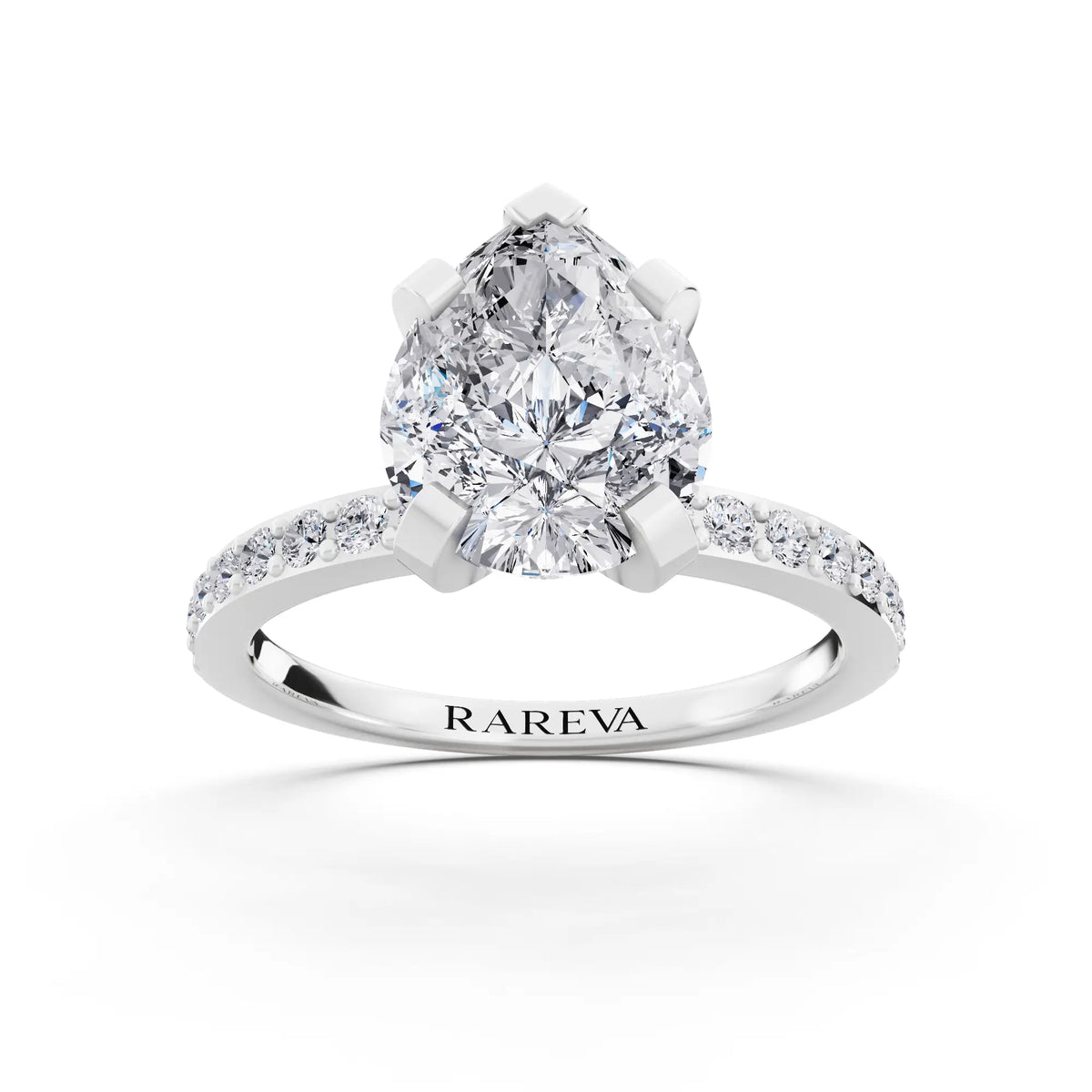 14 KT White Gold Pear Cut Diamond Solitaire Ring with Pave Shank - front view