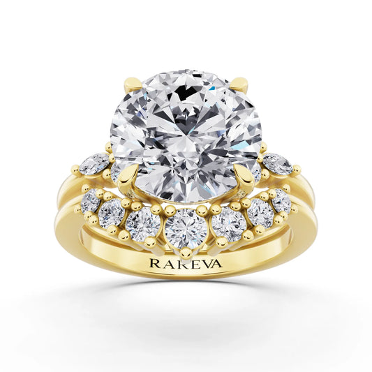 14 KT Yellow Gold Round Cut Diamond Ring with Curved Cluster Band - front view