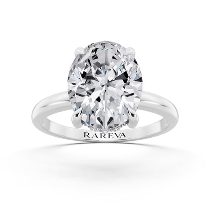 Platinum Oval Cut Diamond Solitaire Ring with Hidden Halo - front view