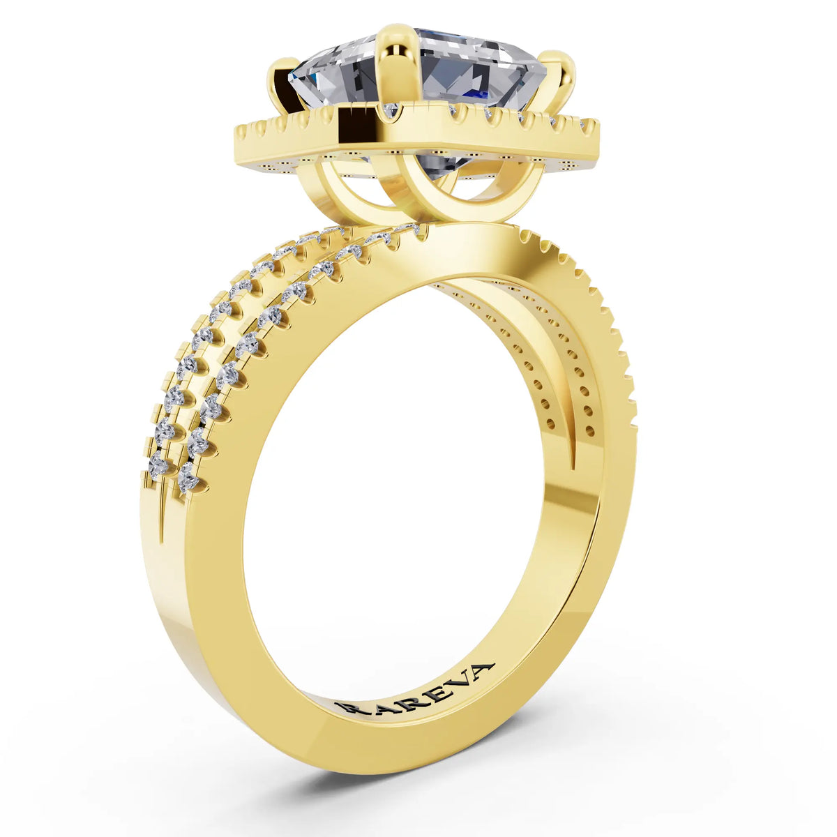 18 KT Yellow Gold Asscher Cut Diamond Halo Ring with Pave Split Shank - top view