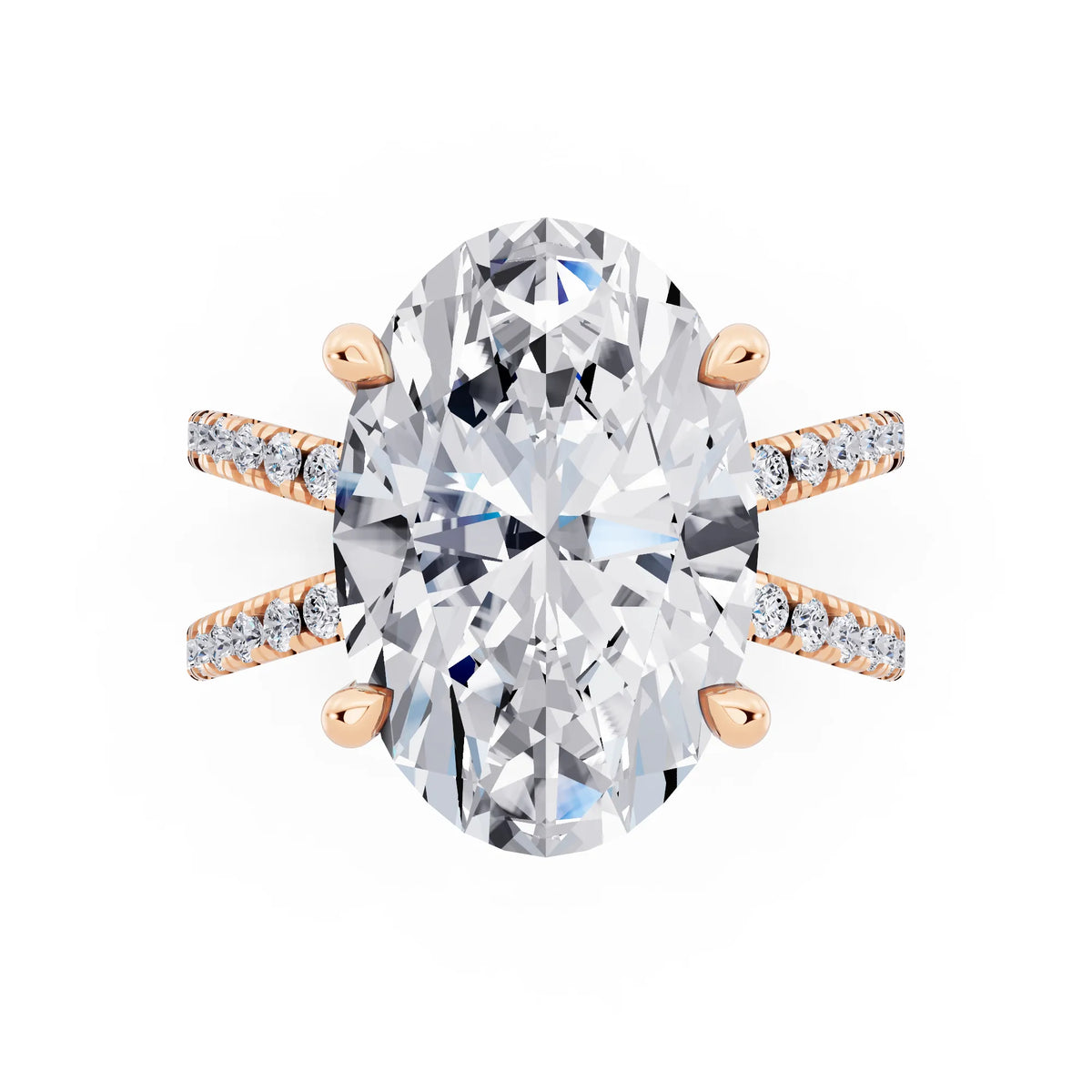 14 KT Rose Gold Oval Cut Diamond Ring with Twisted Split Shank - top angle
