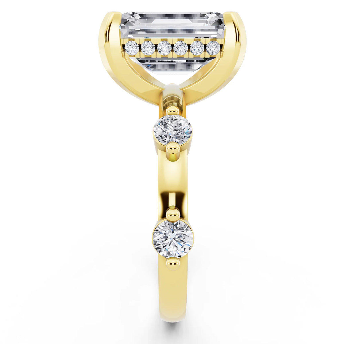 14 KT Yellow Gold Emerald Cut Diamond Solitaire Ring with Floating Diamond Accents - side view