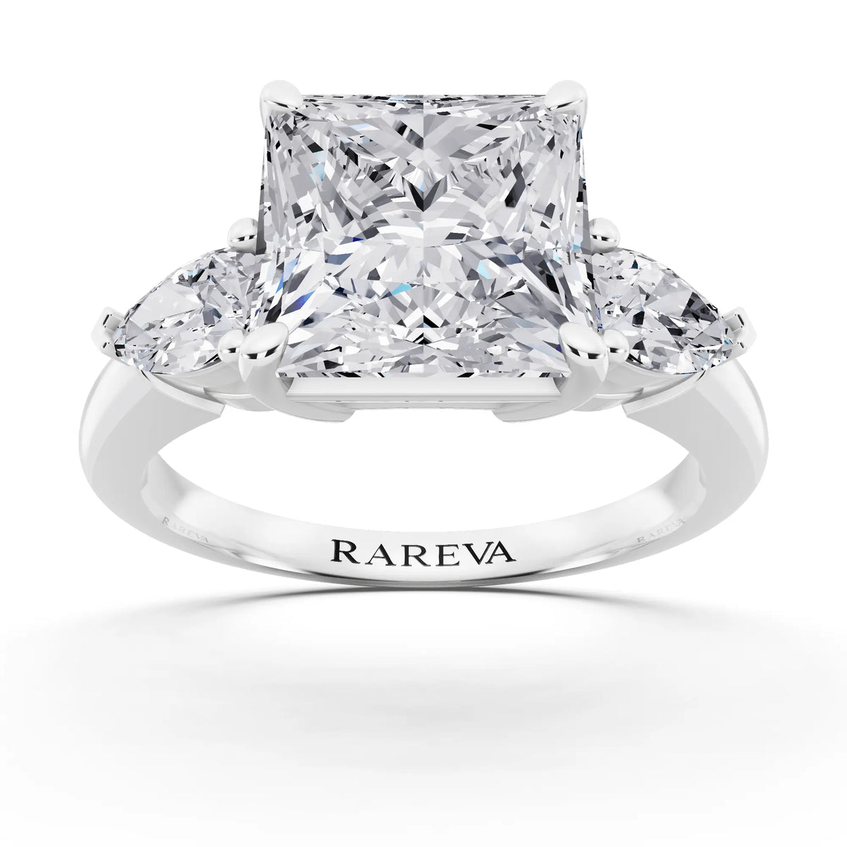 18 KT White Gold Princess Cut Diamond Three Stone Pear Accent Ring - front view