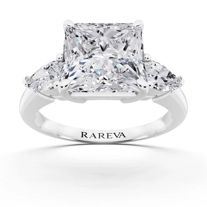 18 KT White Gold Princess Cut Diamond Three Stone Pear Accent Ring - front view