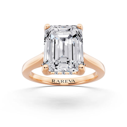 14 KT Rose Gold Emerald Cut Diamond Solitaire Ring with Cathedral Band - front view