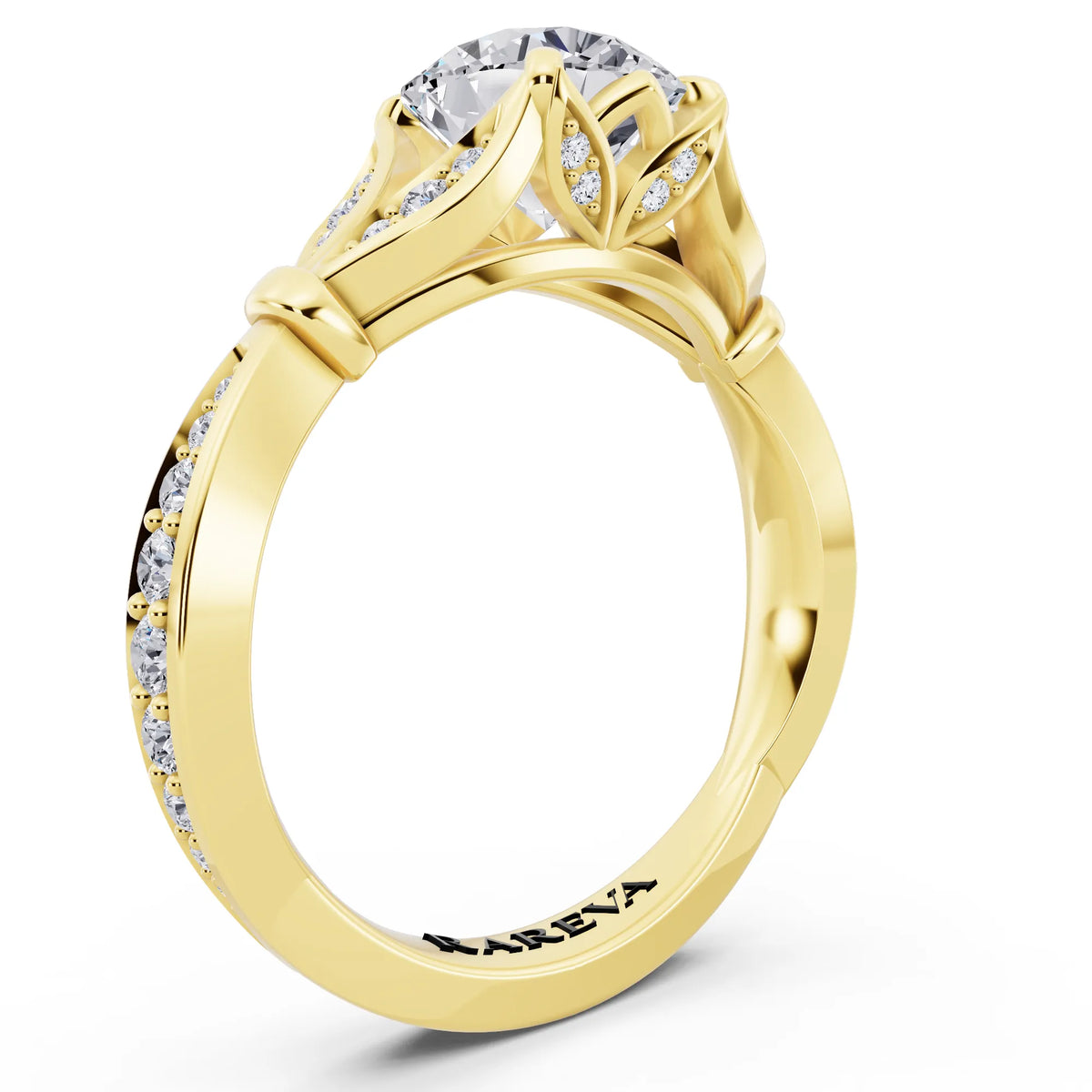 18 KT Yellow Gold Round Cut Diamond Ring with Lotus Collar - top view
