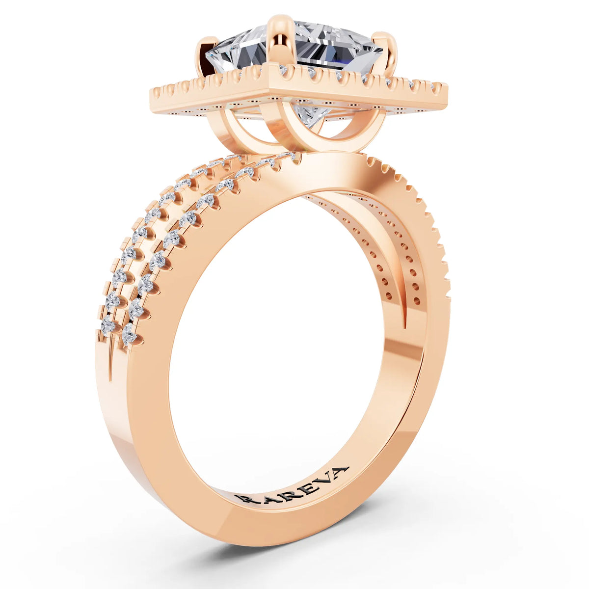 14 KT Rose Gold Princess Cut Diamond Halo Ring with Pave Split Shank - top view