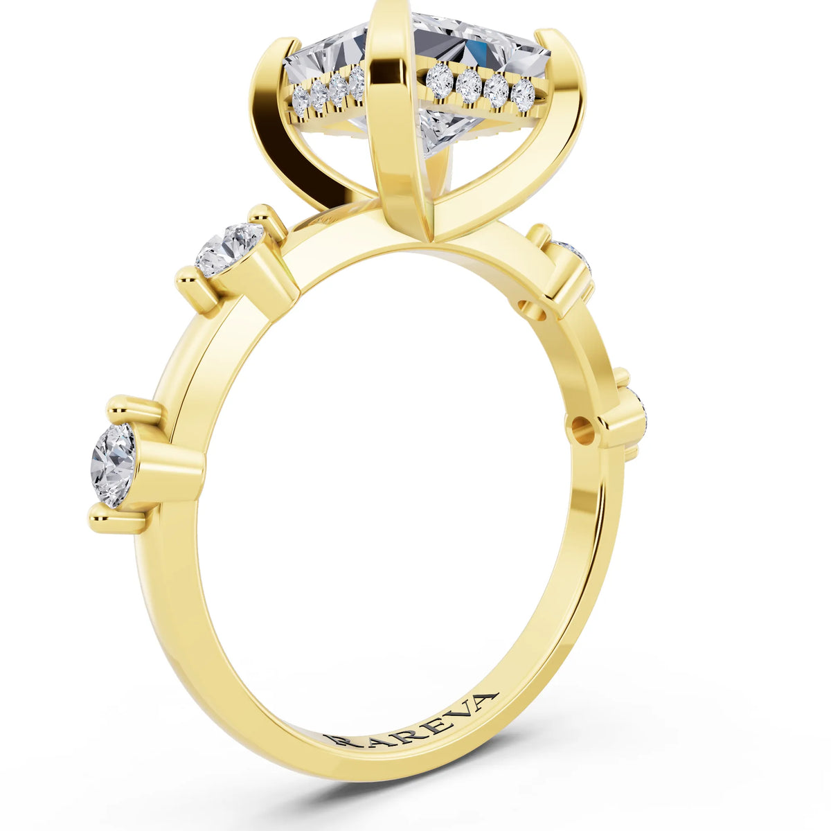 18 KT Yellow Gold Princess Cut Diamond Solitaire Ring with Floating Diamond Accents - top view