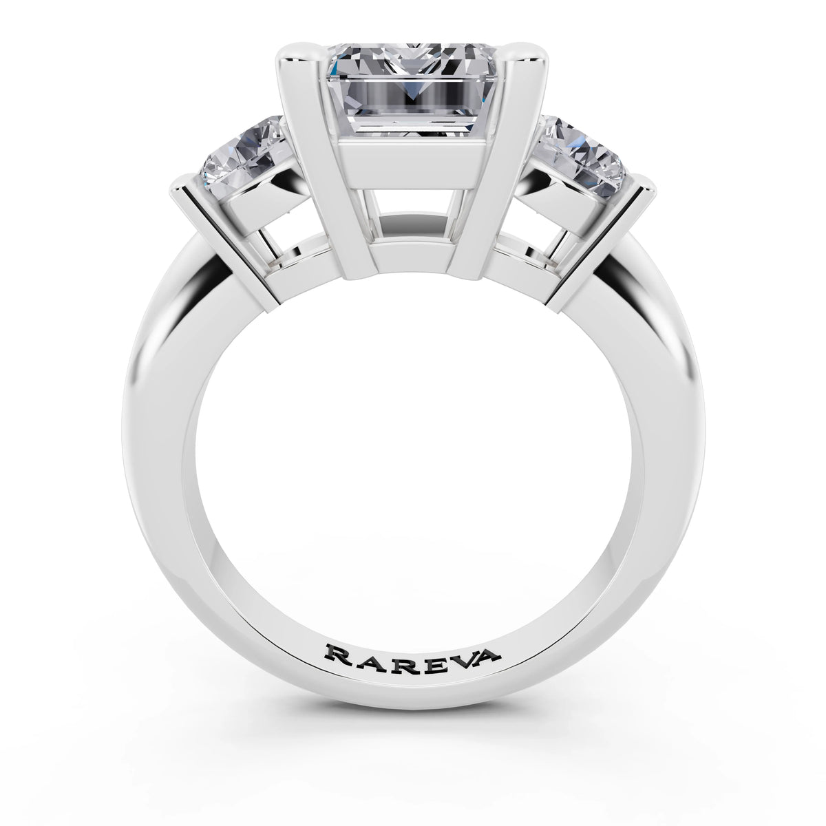 14 KT White Gold Emerald Cut Diamond Three Stone Ring with Round Accents - through finger