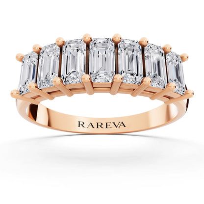 10K Rose Gold Seven Stone Emerald Cut Diamond Half Eternity Wedding Band - 1.8mm - Front