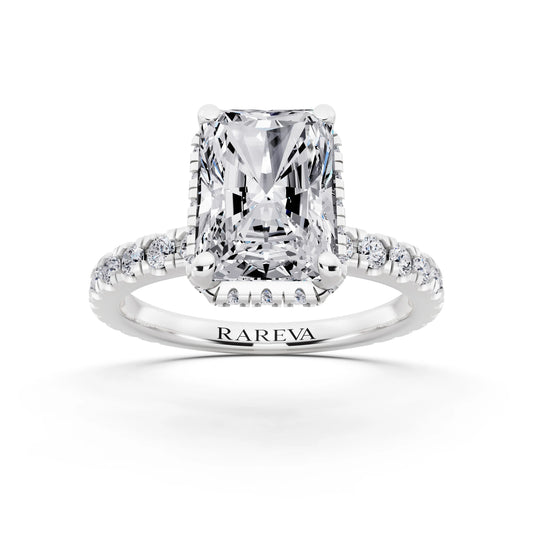 18 KT White Gold Radiant Cut Diamond Hidden Halo Ring with Pave Band - front view