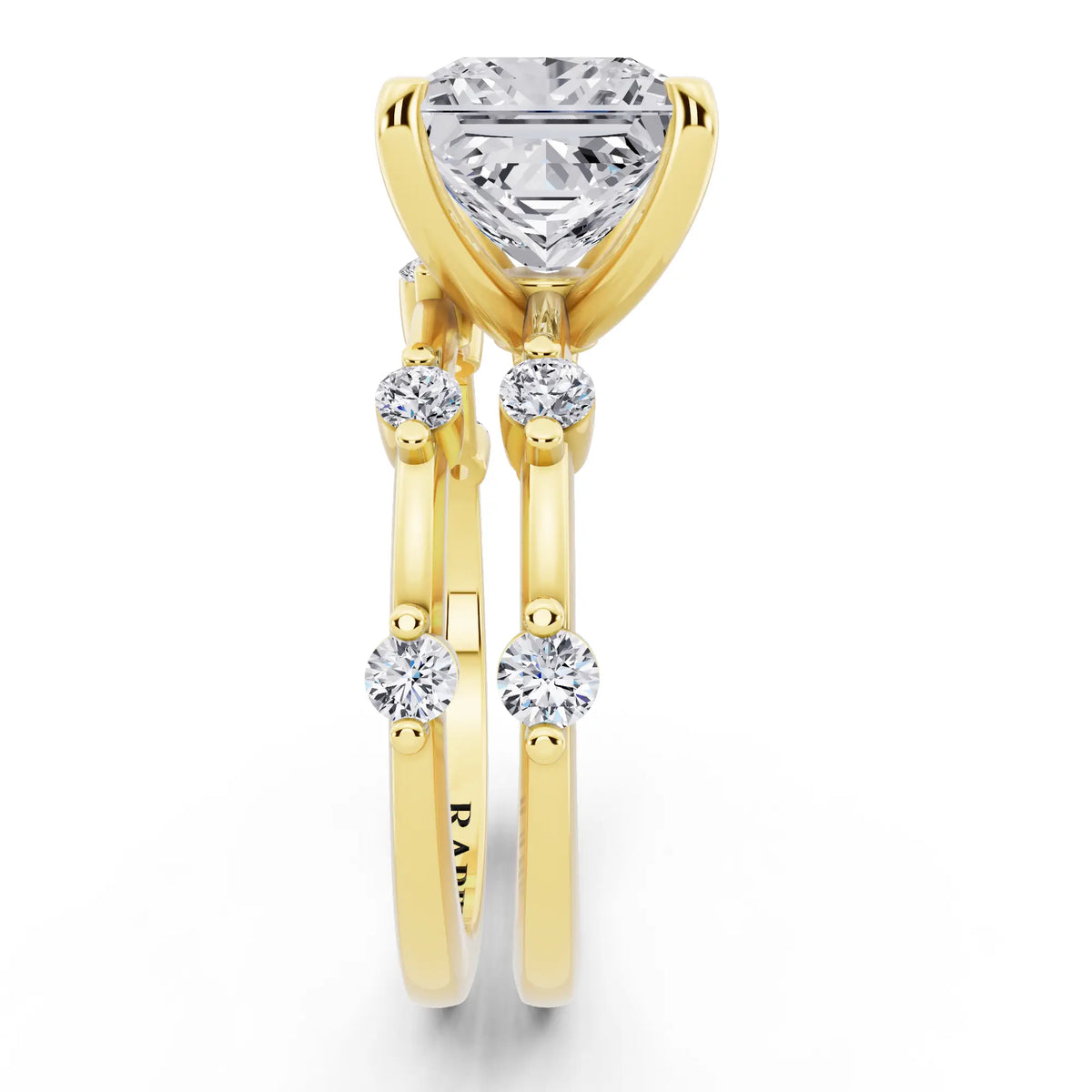 14 KT Yellow Gold Princess Cut Diamond Ring with Floating Accent Band - side view