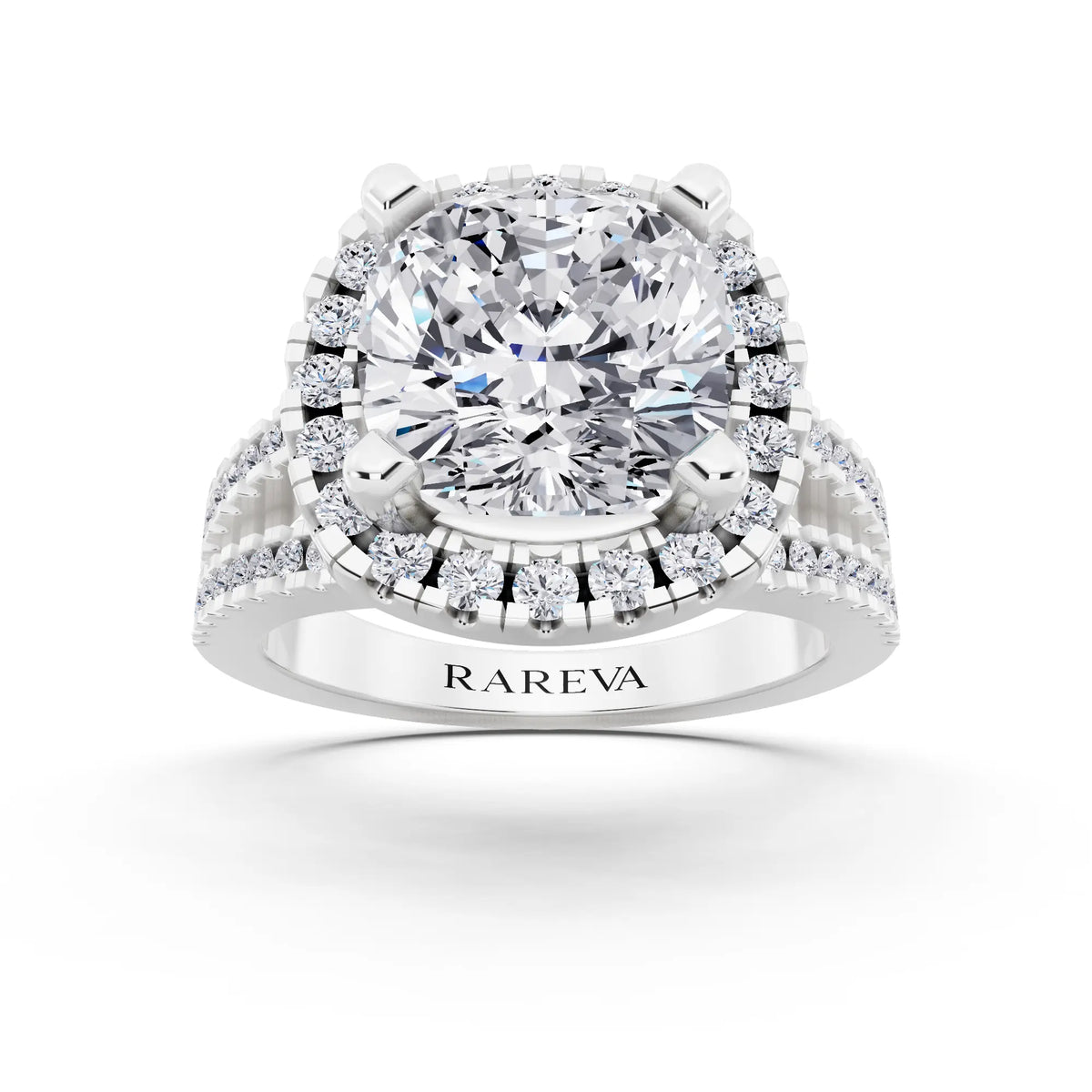 14 KT White Gold Cushion Cut Diamond Halo Ring with Pave Split Shank - front view