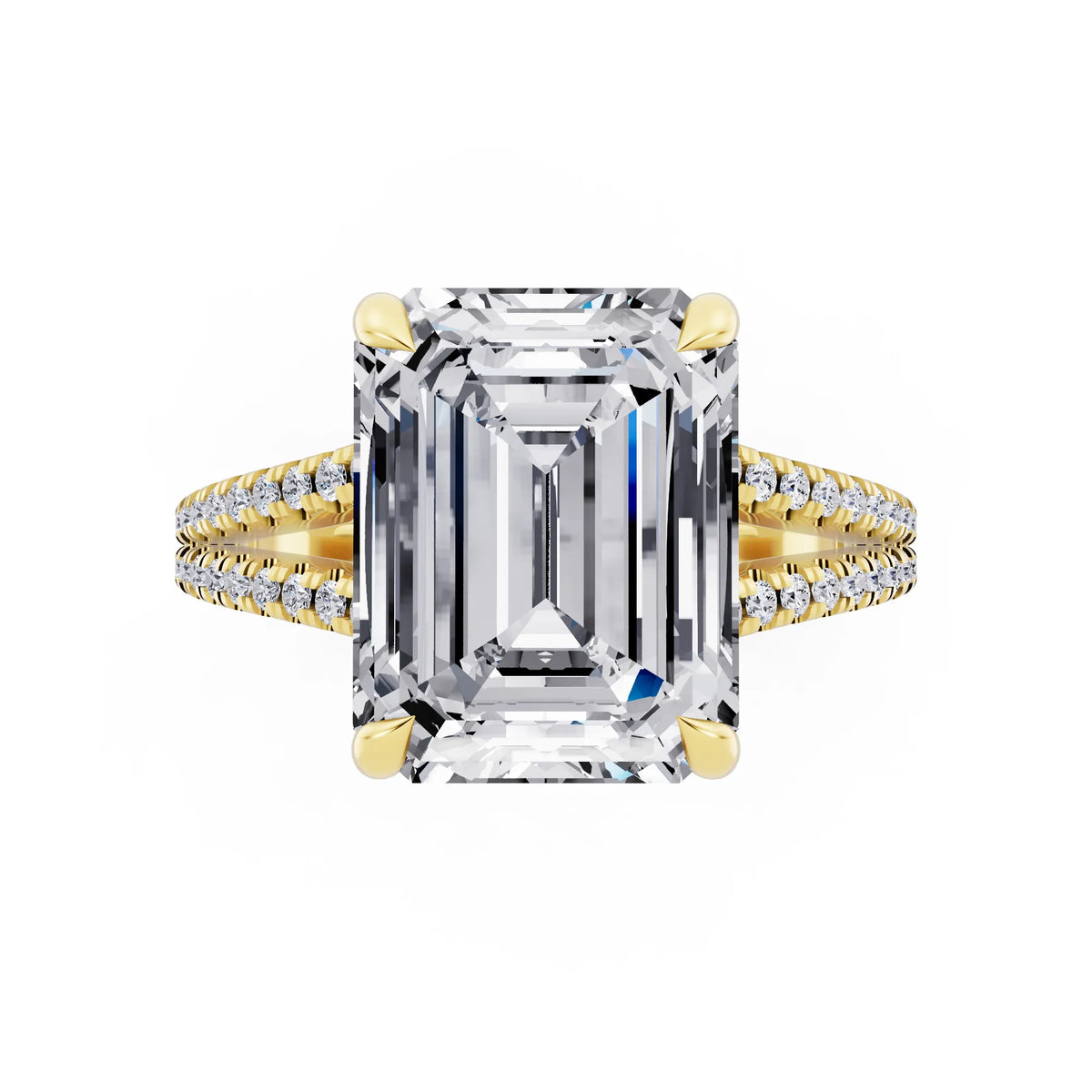14 KT Yellow Gold Emerald Cut Diamond Ring with Pavé Split Shank - top angle