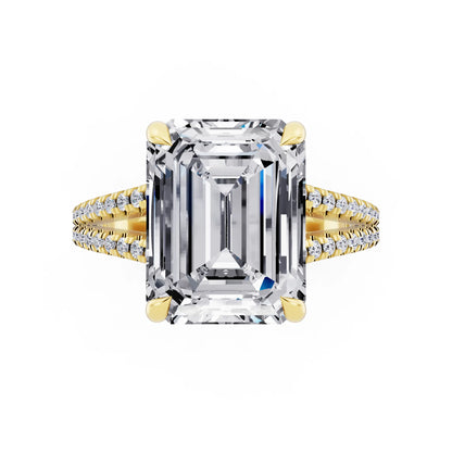 14 KT Yellow Gold Emerald Cut Diamond Ring with Pavé Split Shank - top angle