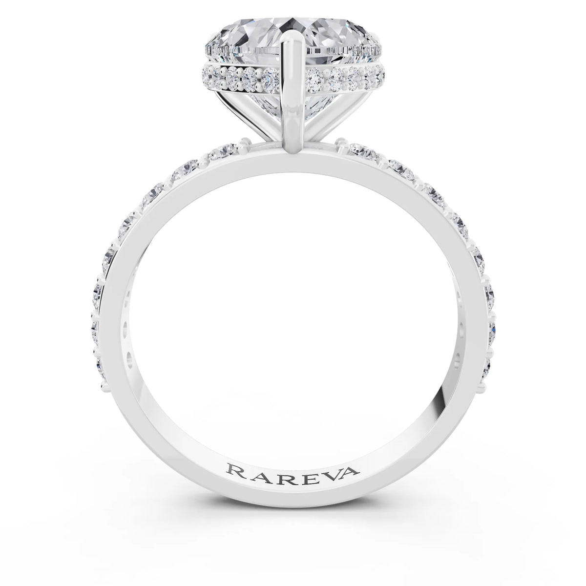 18 KT White Gold Heart Cut Diamond Solitaire Ring with Hidden Halo and Pave Band - through finger
