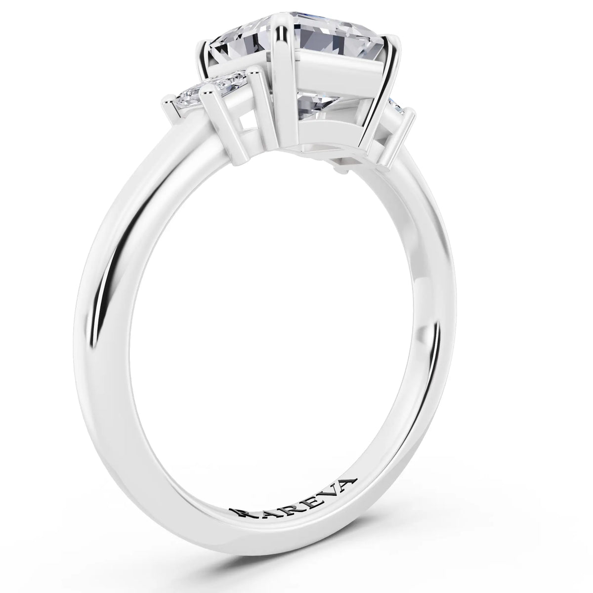 14 KT White Gold Asscher Cut Diamond Three Stone Emerald Accent Ring - top view