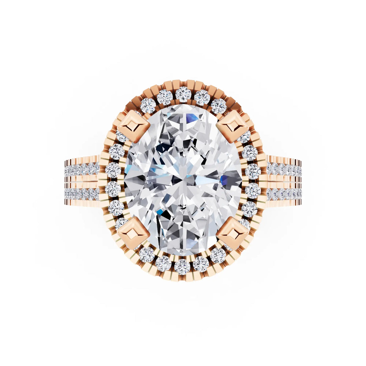 14 KT Rose Gold Oval Cut Diamond Halo Ring with Twin Pave Band - top angle