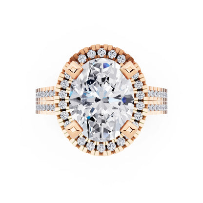 14 KT Rose Gold Oval Cut Diamond Halo Ring with Twin Pave Band - top angle