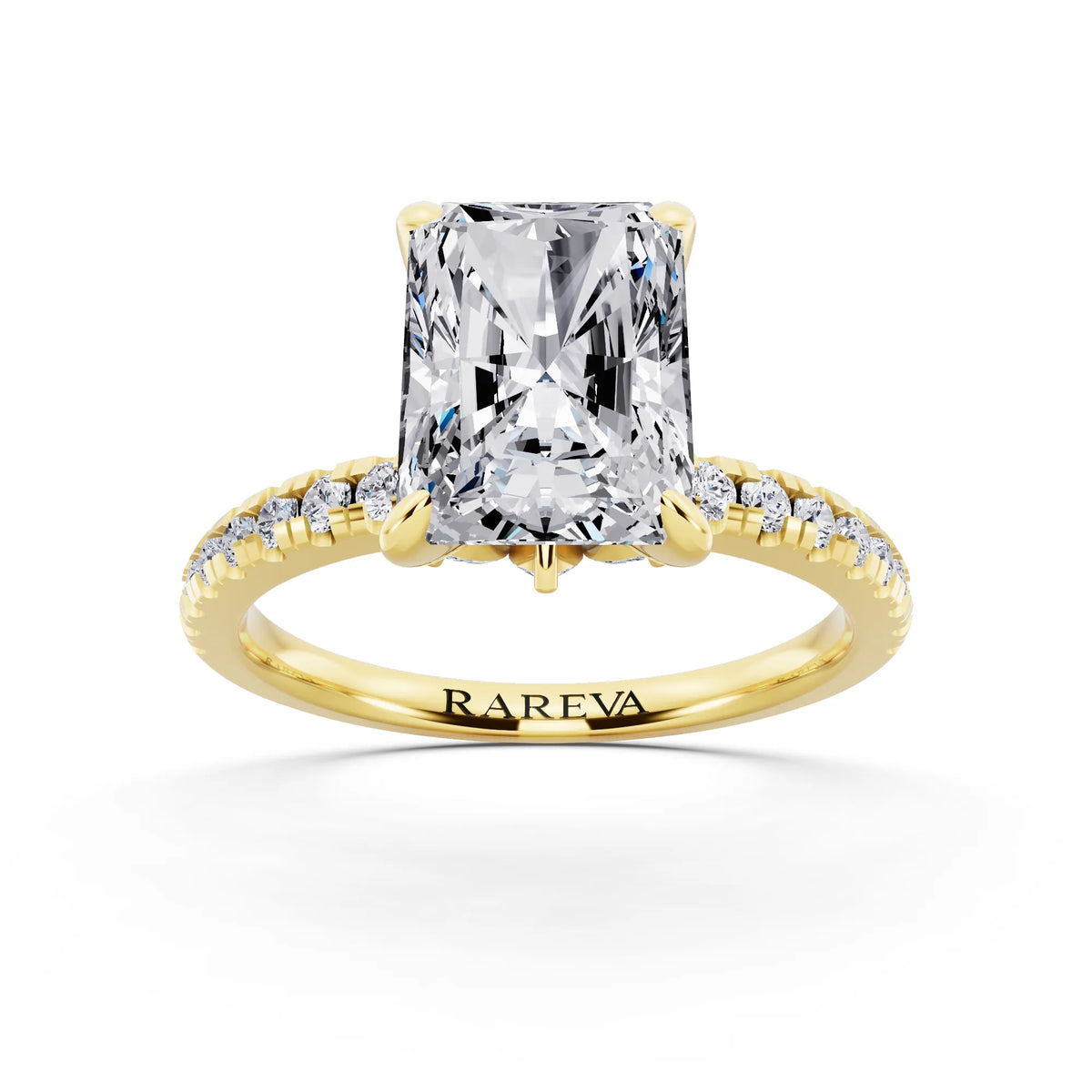 18 KT Yellow Gold Radiant Cut Diamond Solitaire Ring with Marquise Collar - front view