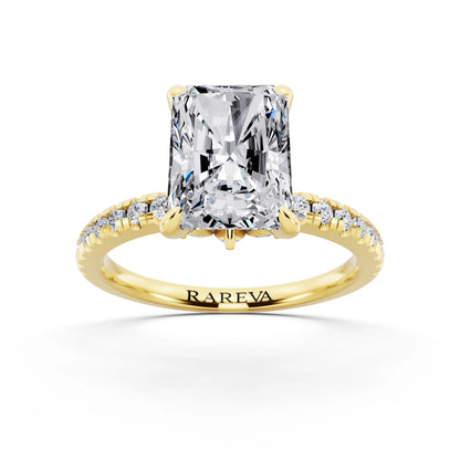 18 KT Yellow Gold Radiant Cut Diamond Solitaire Ring with Marquise Collar - front view