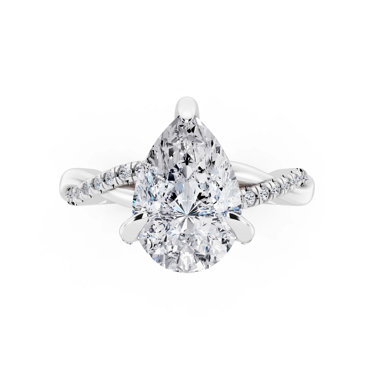 14 KT White Gold Pear Cut Diamond Hidden Halo Ring with Twisted Pave Band - top angle