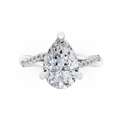 14 KT White Gold Pear Cut Diamond Hidden Halo Ring with Twisted Pave Band - top angle