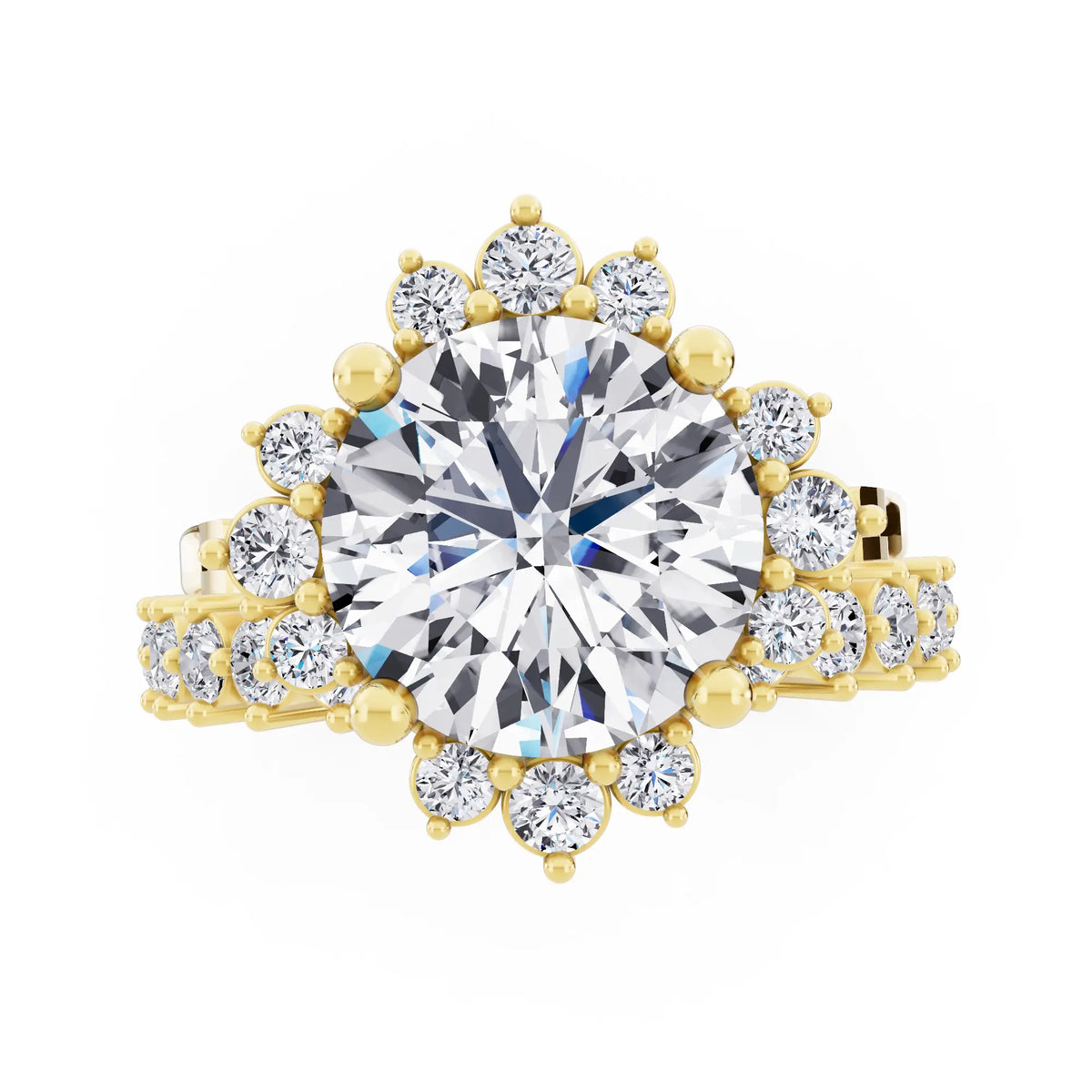 14 KT Yellow Gold Round Cut Diamond Sunburst Halo Ring with Graduated Band - Top down