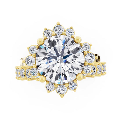 14 KT Yellow Gold Round Cut Diamond Sunburst Halo Ring with Graduated Band - Top down