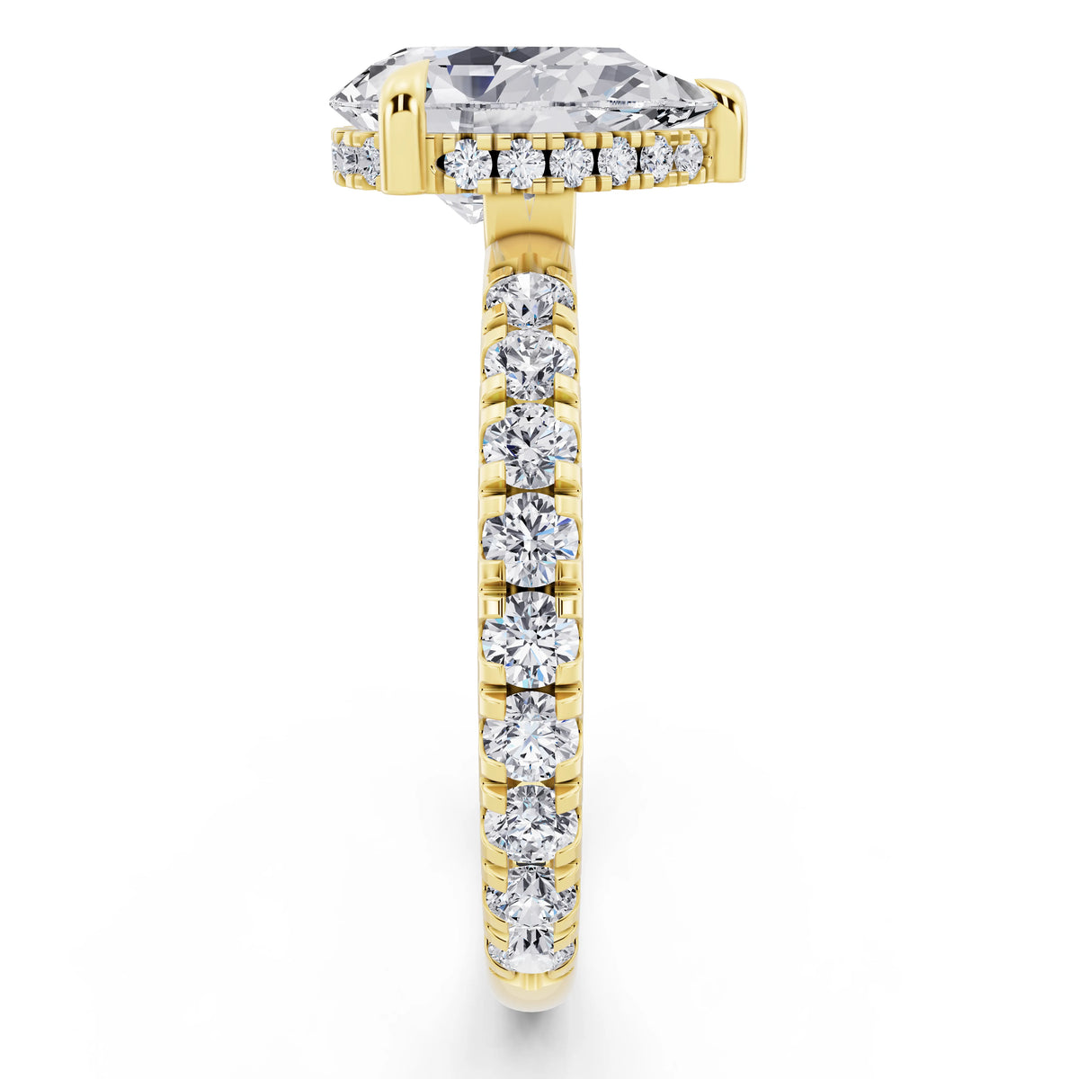 18 KT Yellow Gold Pear Cut Diamond Solitaire Ring with Hidden Halo and French Pave Band - side view