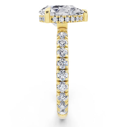 18 KT Yellow Gold Pear Cut Diamond Solitaire Ring with Hidden Halo and French Pave Band - side view