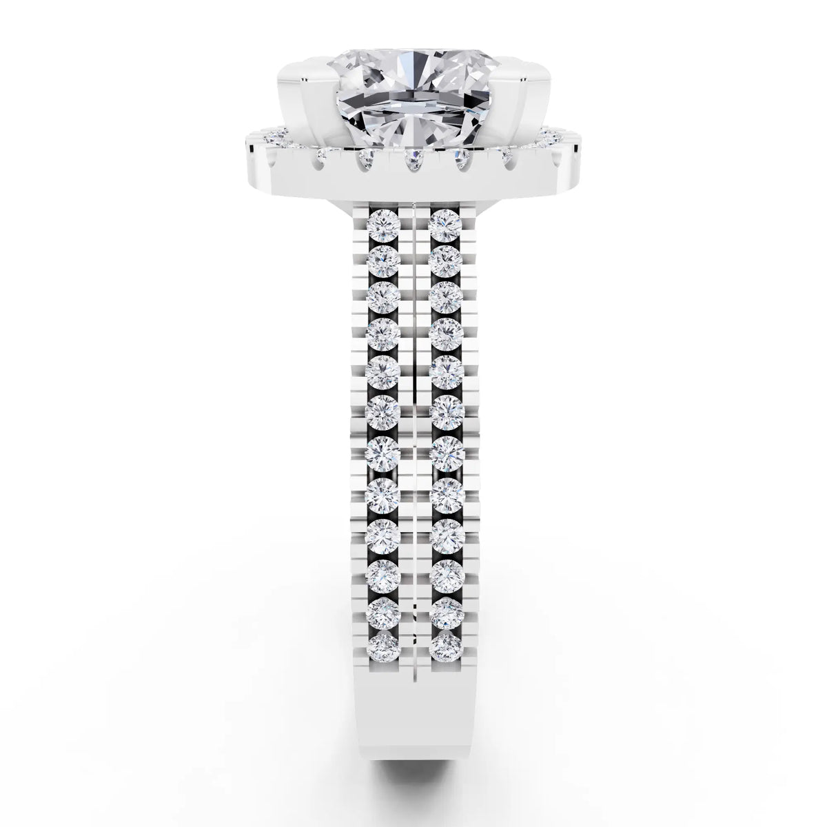 18 KT White Gold Cushion Cut Diamond Halo Ring with Twin Pave Band - side view
