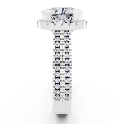 18 KT White Gold Cushion Cut Diamond Halo Ring with Twin Pave Band - side view