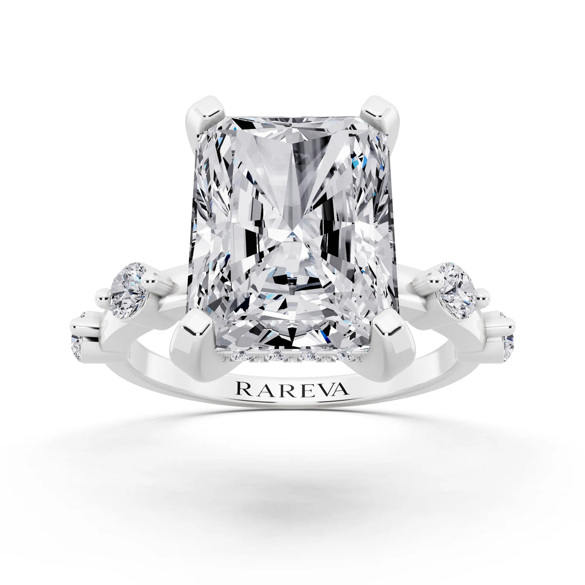 Platinum Radiant Cut Diamond Solitaire Ring with Floating Diamond Accents - front view