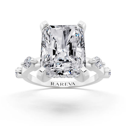 Platinum Radiant Cut Diamond Solitaire Ring with Floating Diamond Accents - front view