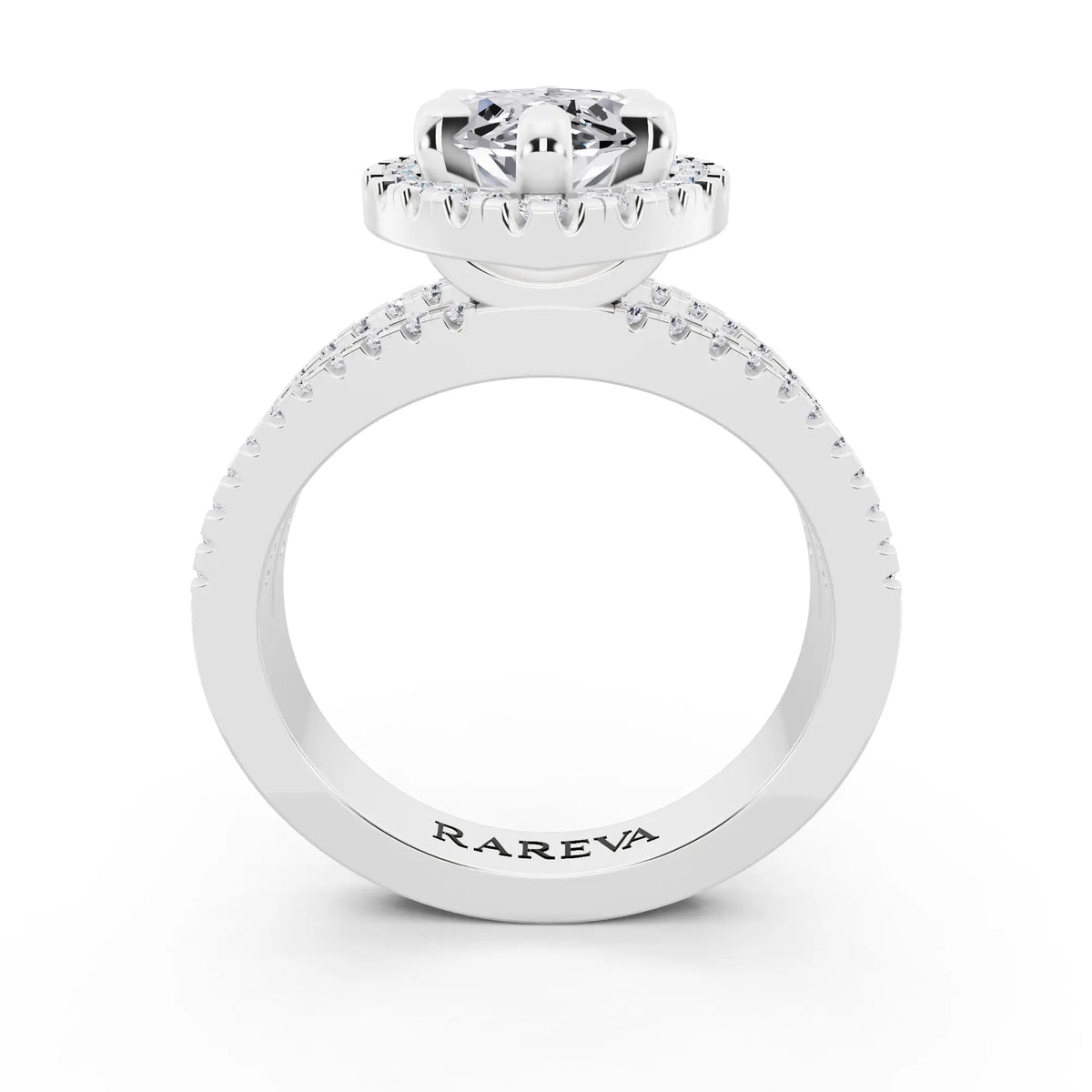 14 KT White Gold Marquise Cut Diamond Halo Ring with Pave Split Shank - through finger