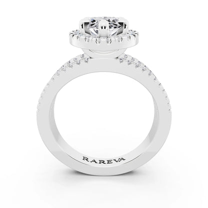14 KT White Gold Marquise Cut Diamond Halo Ring with Pave Split Shank - through finger